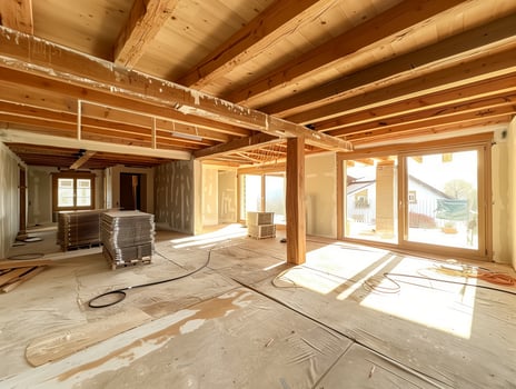 Interior of a house under construction with wooden beams photo