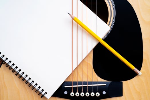 Acoustic guitar on white background, The guitar body pattern is wood grain. Notebook and yellow wooden pencil photo