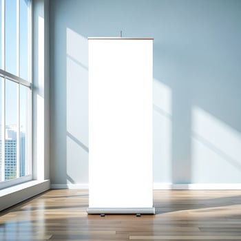 Rollup banners stand mockup. Blank clear white rollup poster with space for logo or text near glass window on wooden floor with light blue wall in empty room photo