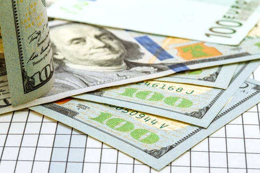 American dollars and euro banknotes. Coins. Money. Currency. Cash. Background with money. photo