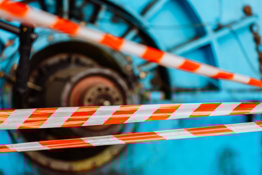 Steam turbine during the repair. Equipment, pipes at the power plant. Fencing with an alarm tape. Zone of increased danger. photo