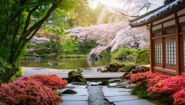 Traditional Japanese Garden with Blooming Flowers and a Serene Pondside Pavilion photo