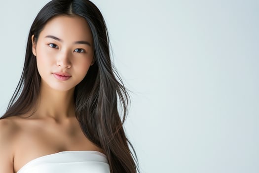 Beautiful Asian woman smiling and touching her face with hands, sitting at a white table on a light grey background, skin care concept photo