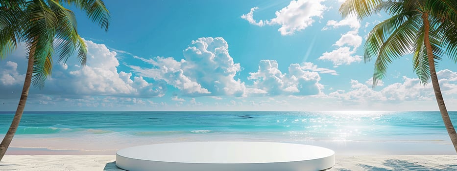 A round podium on the beach, surrounded by sand and sea in light beige tones photo