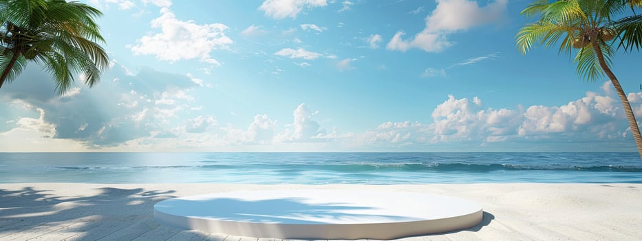 A round podium on the beach, surrounded by sand and sea in light beige tones photo