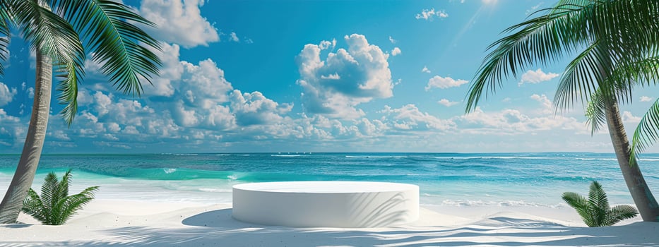 A round podium on the beach, surrounded by sand and sea in light beige tones photo