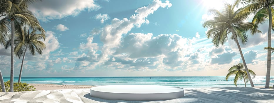 A round podium on the beach, surrounded by sand and sea in light beige tones photo