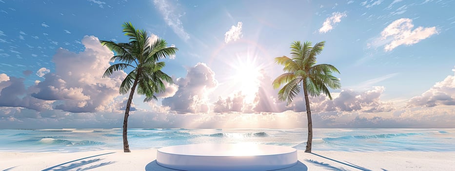 A round podium on the beach, surrounded by sand and sea in light beige tones photo