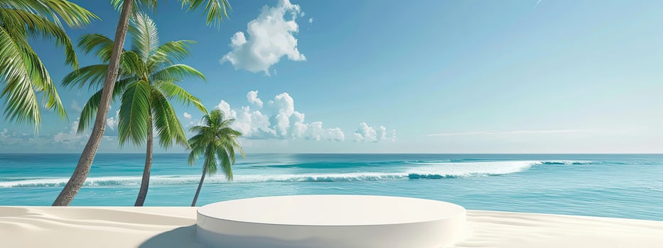 A round podium on the beach, surrounded by sand and sea in light beige tones photo