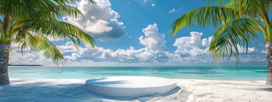 A round podium on the beach, surrounded by sand and sea in light beige tones photo
