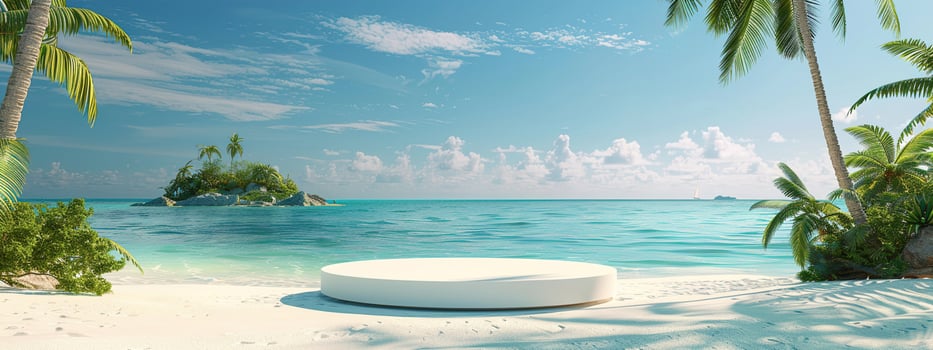 A round podium on the beach, surrounded by sand and sea in light beige tones photo
