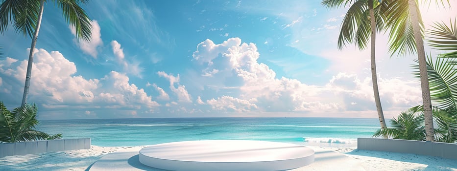 A round podium on the beach, surrounded by sand and sea in light beige tones photo