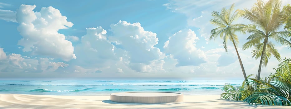 A round podium on the beach, surrounded by sand and sea in light beige tones photo