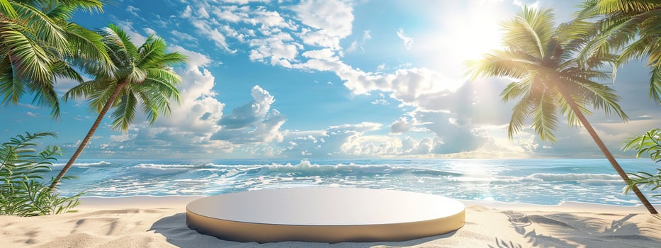 A round podium on the beach, surrounded by sand and sea in light beige tones photo