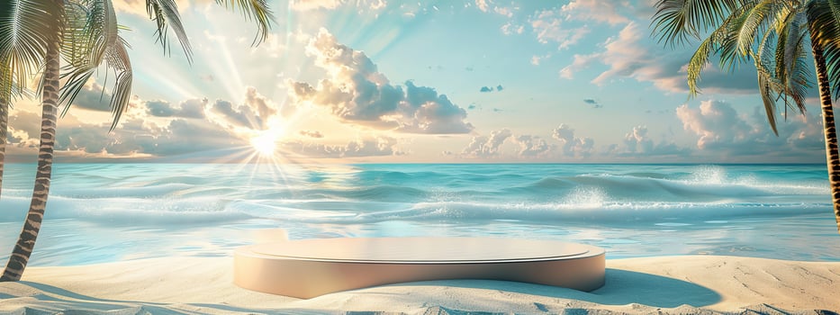 A round podium on the beach, surrounded by sand and sea in light beige tones photo