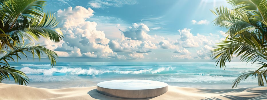 A round podium on the beach, surrounded by sand and sea in light beige tones photo