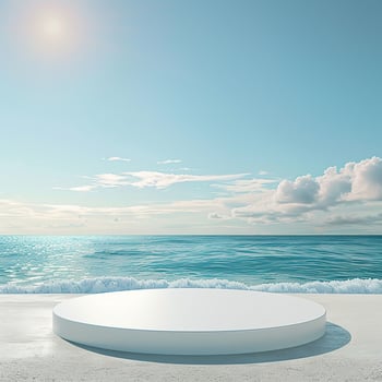 A round podium on the beach, surrounded by sand and sea in light beige tones photo