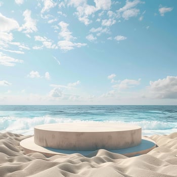 A round podium on the beach, surrounded by sand and sea in light beige tones photo