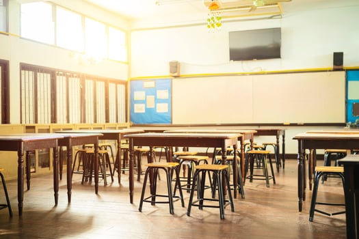Lecture room or School empty classroom with desks and chair iron wood for studying lessons in high school thailand photo