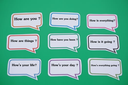Speech bubbles paper cards with texts to ask questions about How are you Concept, Handmade English language teaching aid. English for communication in daily life. photo