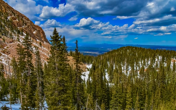 Panorama of winter mountains, snow-covered slopes of Pikes Peak mountains, Colorado, US photo