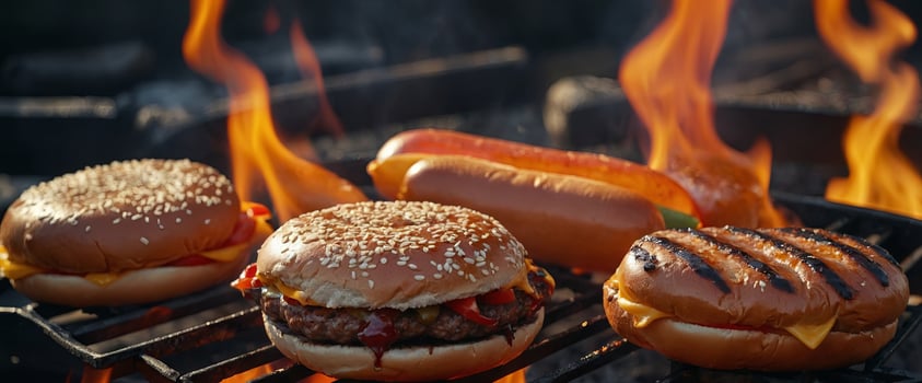 Burgers and hotdogs cooking over flames on grill. photo