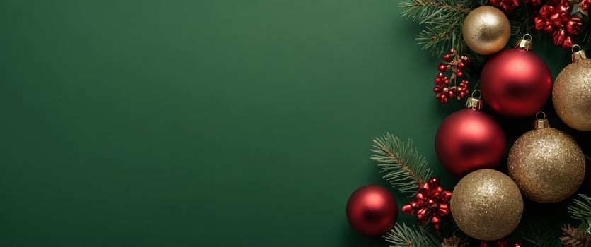 Christmas frame with red and golden balls decorations on green background Flat lay, top view Christmas banner design, vintage style. photo