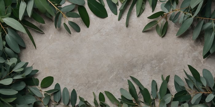 Green eucalyptus leaves on stone table Frame made of eucalyptus branches Flat lay, top view, copy space. photo