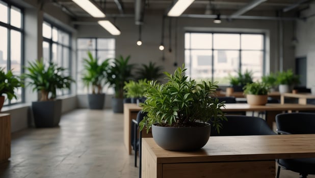 Modern minimalist interior of startup business company office which is comfortable and eco friendly with interior potted plants. photo