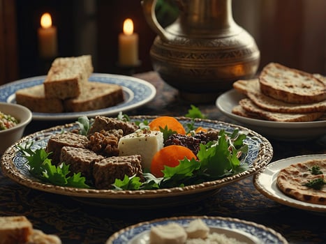 Passover Seder plate with traditional food on table, closeup. photo