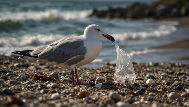 Seagull with plastic bag on sea shore, concept of ocean pollution, water quality, plastic trash issue, ecology and environment protection. photo