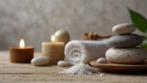 Spa and wellness concept with natural beauty products, massage stones, and sea salt on white wooden table Copy space for text. photo