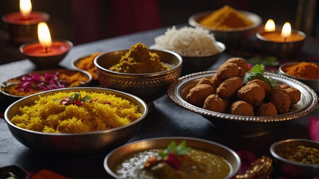 Table with typical traditional Indian foods to celebrate the cultural festival of Diwali. photo