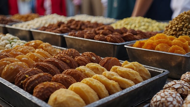 Traditional oriental sweet pastry cookies, nuts, dried fruits, pastilles, marmalade, Turkish desert with sugar, honey and pistachio, in display at a street food market. photo