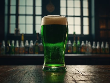glass of green beer on table, st patricks day concept. photo