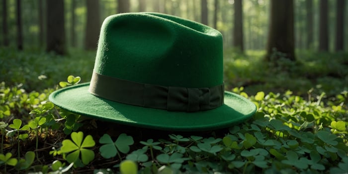 green hat amid clovers under forest light, a touch of Irish magic, st patrick day concept. photo