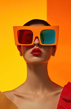 Stylish portrait of a young woman in multi-colored large glasses. Fashion photo of a girl. Light uniform back.