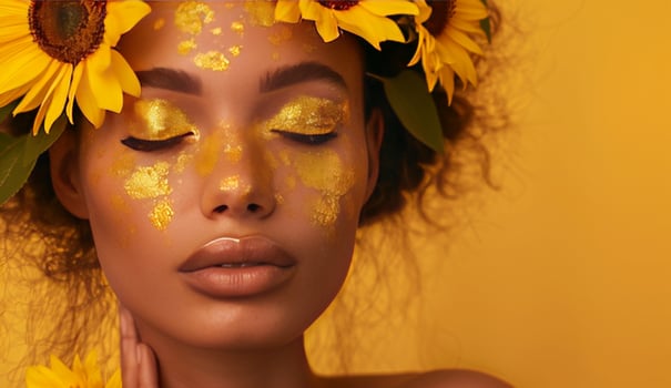 Woman model with clear skin, make-up and yellow flower. Closeup beautiful fashion girl. Young cute multiethnic female. Concept of spa and body treatment photo