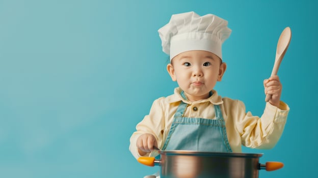 Asian toddler dressed as a chef, holding a wooden spoon and stirring a large pot with a look of concentration. Studio Lighting, portrait shot, copy space, flat background photo