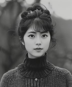 Asian Woman Wearing a Sweater in Black and White photo