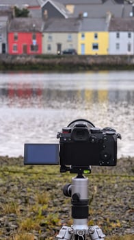 Closeup of modern mirrorless dslr camera recording beautiful scene at Galway, ireland, technology concept background photo