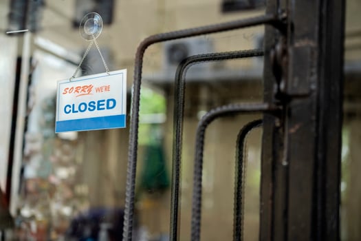 closed sign. grunge image hanging on a dirty glass door. photo
