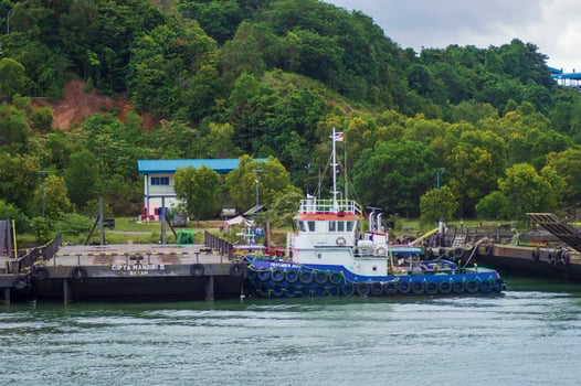 Batam, Indonesia. July 12, 2024. Tugboats and barges are docked, with a mountain background with lush trees photo