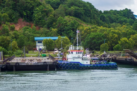 Batam, Indonesia. July 12, 2024. Tugboats and barges are docked, with a mountain background with lush trees photo