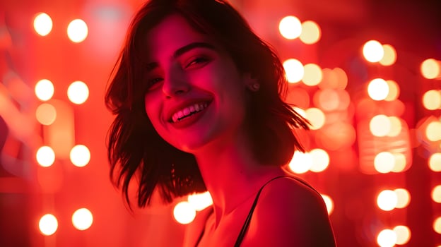 Woman smiling in red light therapy room receiving collagen boost photo
