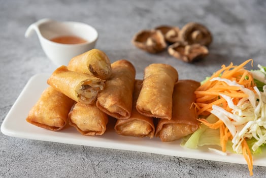 Deep fried spring rolls stuffed vegetable, mushroom and glass noodle, Chinese vegetarian food festival photo