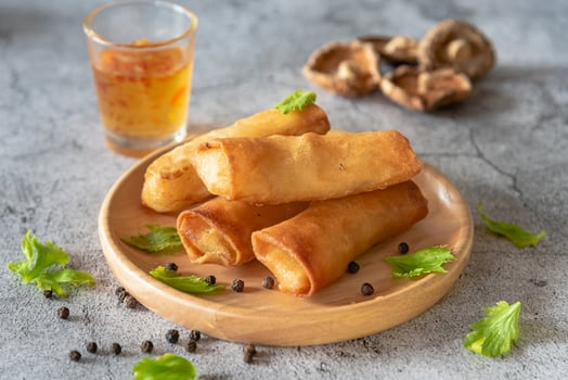 Deep fried spring rolls stuffed vegetable, mushroom and glass noodle, Chinese vegetarian food festival photo