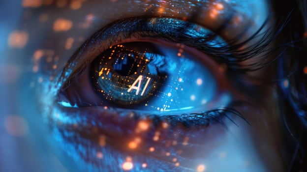 Woman's eye with AI text and data in her eyeball closeup image. Future technology and artificial intelligence concept photo