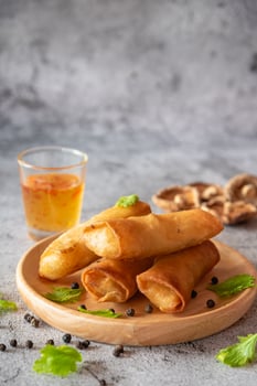 Deep fried spring rolls stuffed vegetable, mushroom and glass noodle, Chinese vegetarian food festival photo
