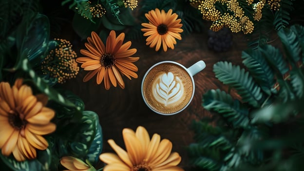 Cup of coffee on a floral backdrop during a sunny day outdoors photo